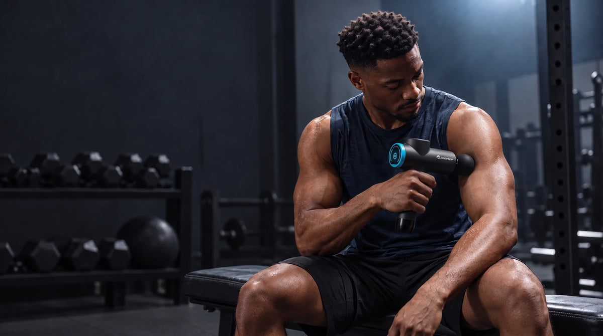 Athlete holding the Booster M2-B massage gun after training