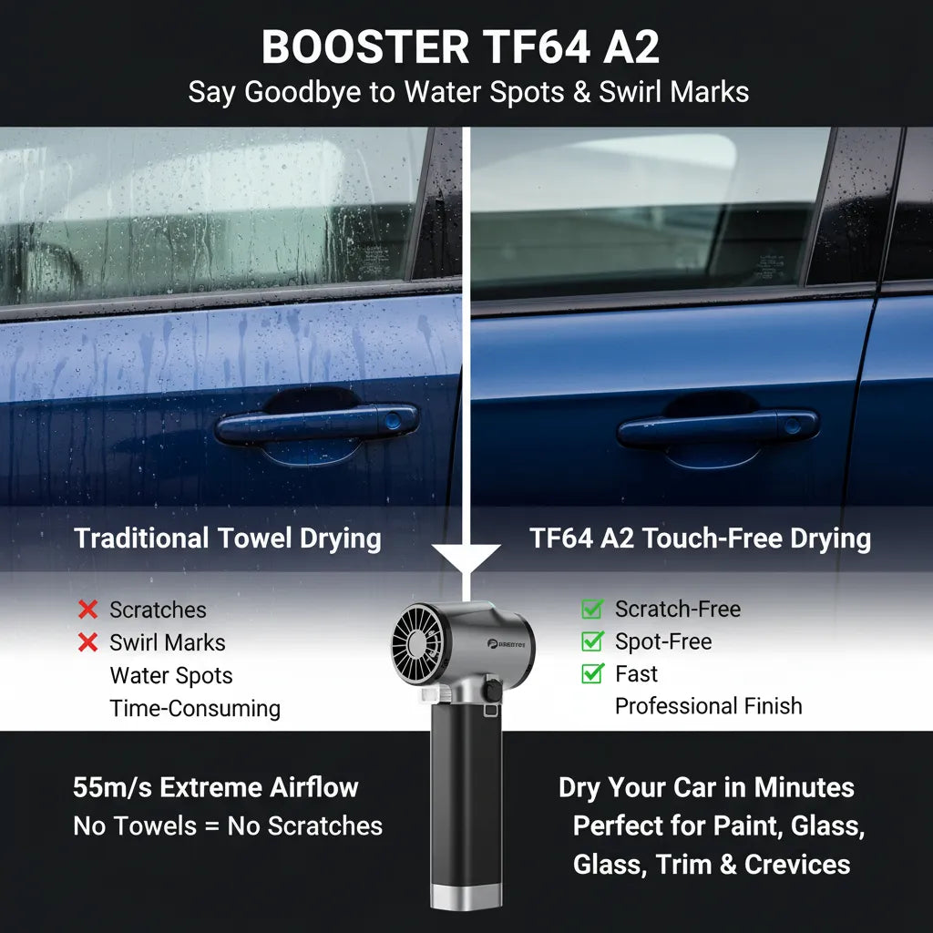 Booster™ Turbo Fan Booster Turbo Fan TF64 A2 – Ultra-Powerful Handheld Car Dryer for Detailing | 55m/s Wind Speed, Scratch-Free Car Wash Drying, Portable Cordless Blower